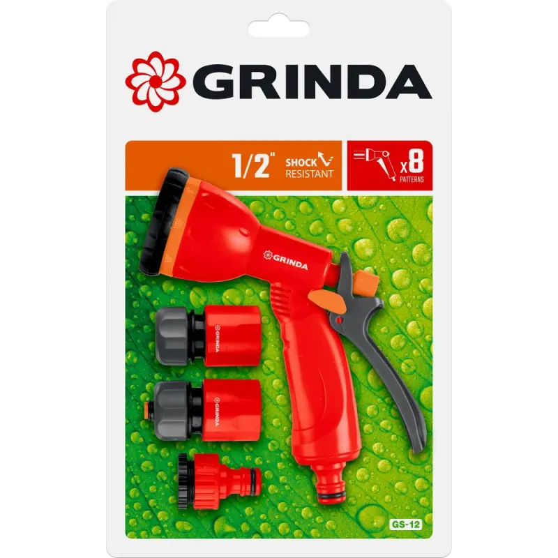 GRINDA GS-12, пистолет с 8 режимами, комплект соединительной арматуры 1/2″, ударопрочный пластик, поливочный набор (8-427383)