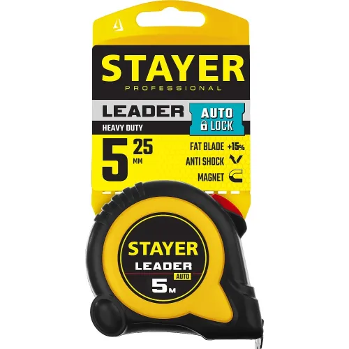 STAYER Leader, 5 м х 19 мм, рулетка с автостопом, Professional (3402-05-19)