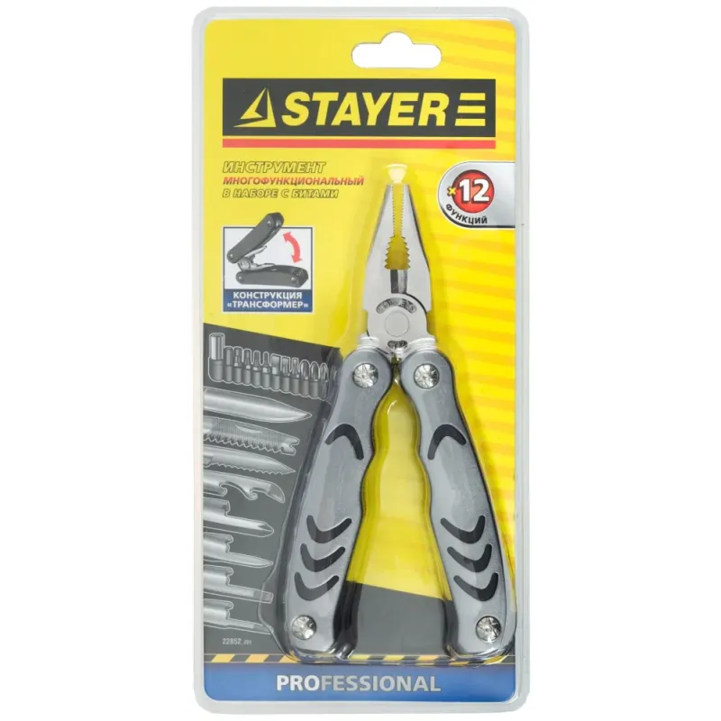 STAYER PROFESSIONAL, мультитул, 12в1, силовая модель, с набором бит, нейлоновый чехол, 105мм (22852)