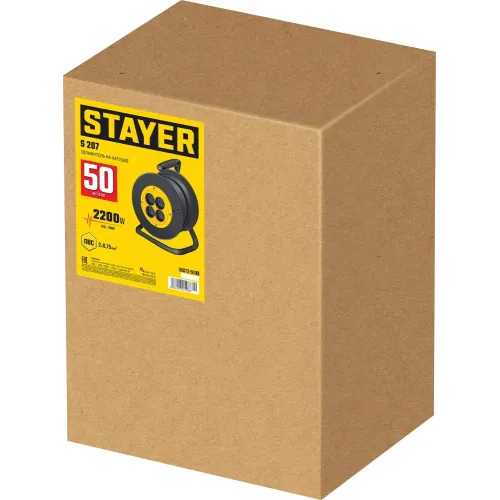 STAYER S-207, ПВС, 2 х 0.75 мм2, 50 м, 2200 Вт, удлинитель на катушке (55073-50)