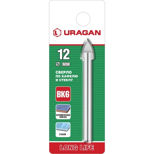URAGAN 12 мм, 2х кромка, цилиндр хвостовик, Сверло по стеклу и кафелю (29830-12)