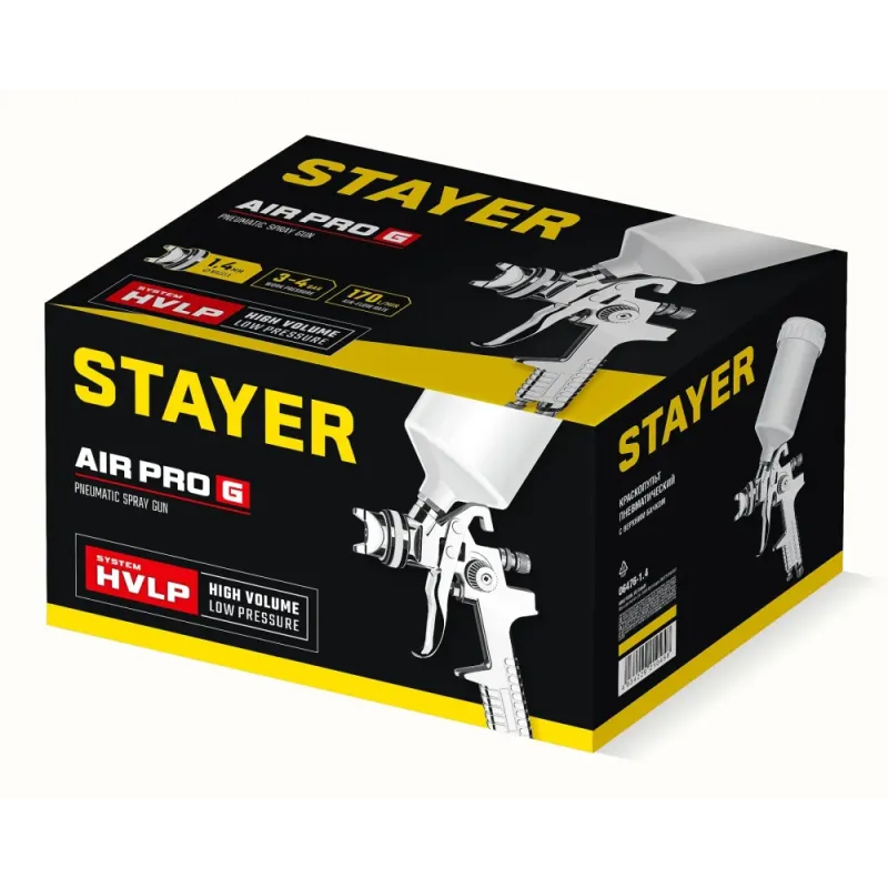 STAYER AirPro G, HVLP 1.4 мм, пневматический краскопульт с верхним бачком, Professional (06476-1.4)
