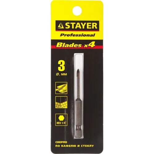 STAYER 3 мм, 4х кромка, HEX 1/4, Сверло по стеклу и кафелю (2985-03)