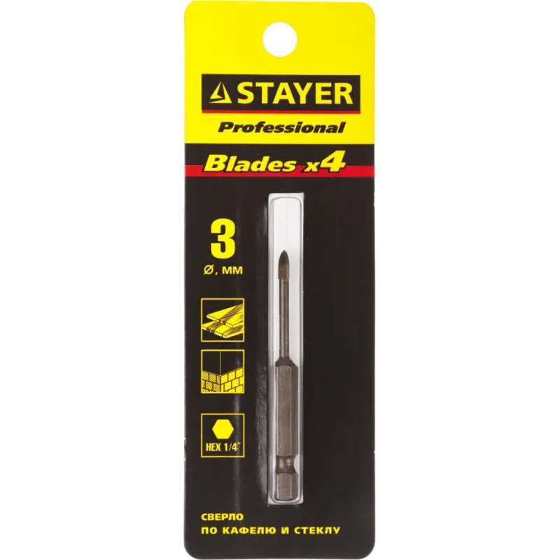 STAYER 3 мм, 4х кромка, HEX 1/4, Сверло по стеклу и кафелю (2985-03)