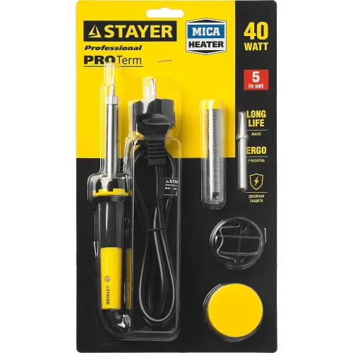 STAYER PROTerm, 40 Вт, с 2к рукояткой, конус, подставка + припой + сменное жало + канифоль, набор для паяльных работ, Professional (55312-40-H5)