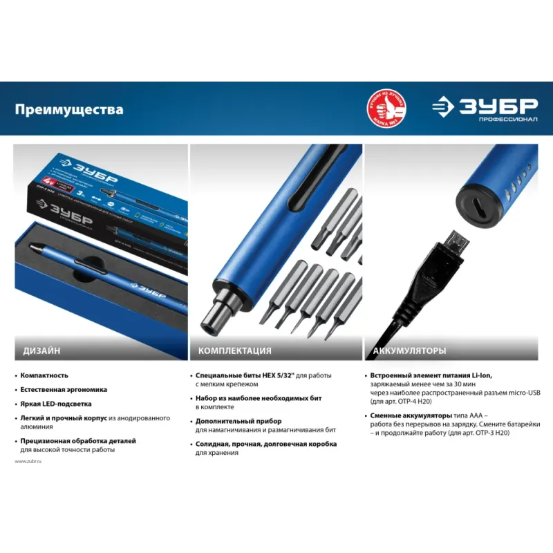 ЗУБР 4 Vmax, аккумуляторная отвертка для точных работ, 20 бит, Профессионал (ОТР-4 Н20)