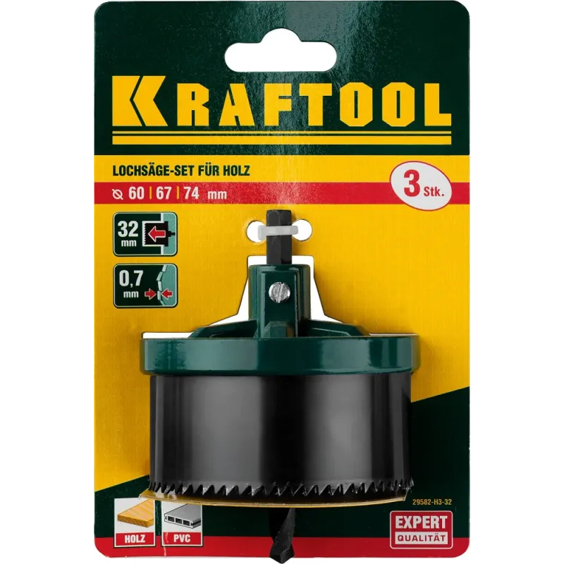 KRAFTOOL EXTREM 3 шт, (60-67-74 x 32 мм), наборная кольцевая пила по дереву (29582-H3-32)
