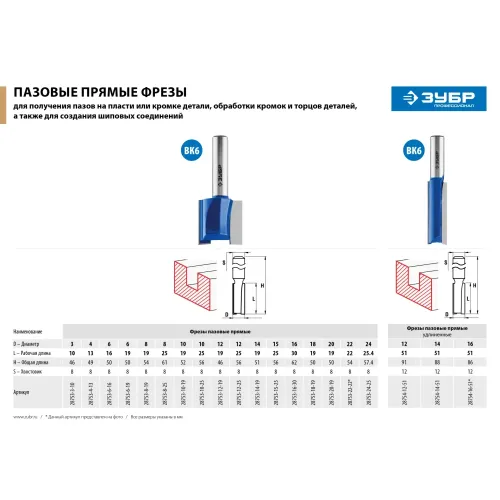 ЗУБР 12 x 51 мм, хвостовик 12 мм, фреза пазовая прямая. удлиненная, Профессионал (28754-12-51)