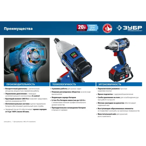 ЗУБР Т7, 20 В, 280 Н·м, 2 АКБ (2 А·ч), бесщеточный гайковерт, кейс, Профессионал (GB-250-22)