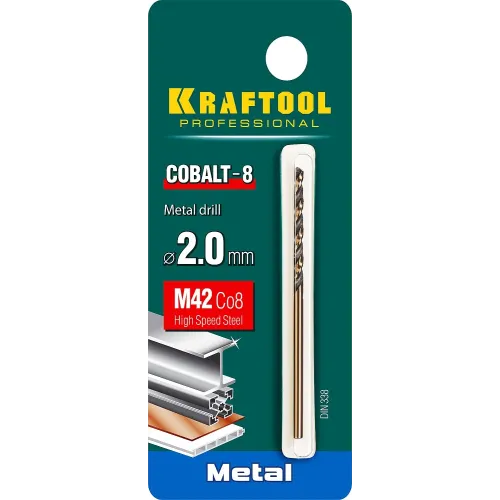 KRAFTOOL COBALT-8, 2.0 х 49 мм, сталь М42, HSS-Co(8%), сверло по металлу (29656-2)