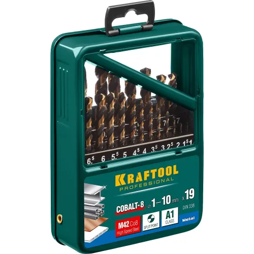 KRAFTOOL COBALT-8, 19 шт, (1-10 мм), сталь М42, HSS-Co(8%), набор сверл по металлу (29656-H19)