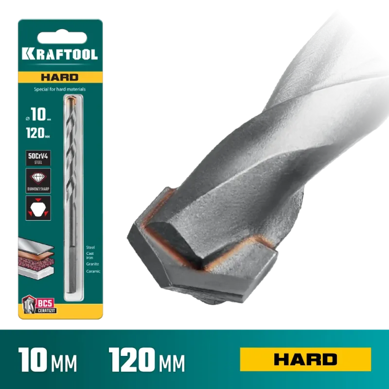 KRAFTOOL Hard, 10 х 120 мм, тв.сплав ВС5, сверло специальное по твёрдым материалам (29177-120-10)