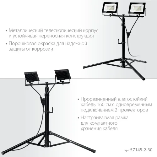 ЗУБР ПСК 30х2, 2 х 30 Вт, 6500 К, IP 65, 1.6 м, светодиодные прожекторы на штативе, Профессионал (57145-2-30)