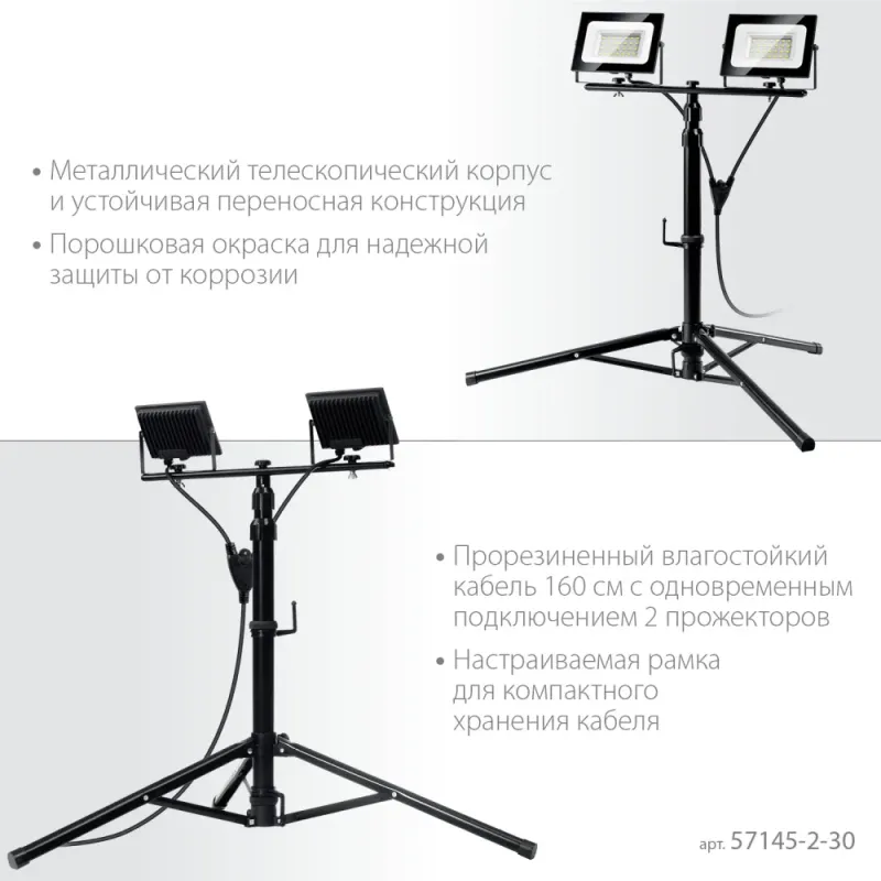 ЗУБР ПСК 30х2, 2 х 30 Вт, 6500 К, IP 65, 1.6 м, светодиодные прожекторы на штативе, Профессионал (57145-2-30)