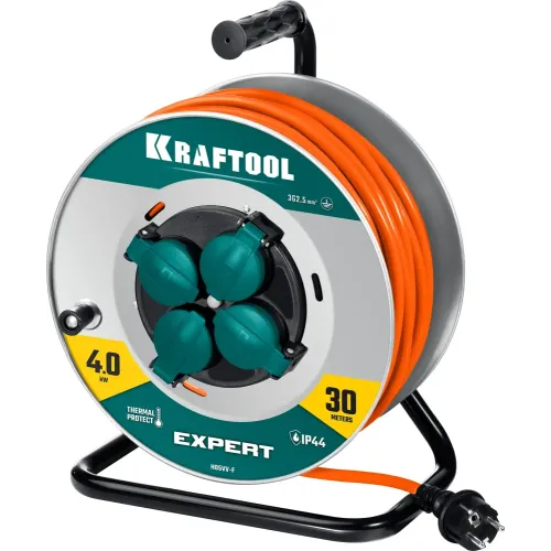KRAFTOOL EXPERT 4.0, ПВС 3х2.5 30м 4000Вт IP44, силовой удлинитель на стальной катушке (55089-30)