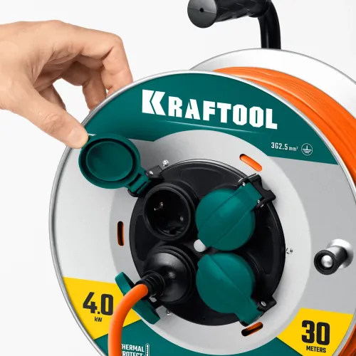 KRAFTOOL EXPERT 4.0, ПВС 3х2.5 30м 4000Вт IP44, силовой удлинитель на стальной катушке (55089-30)