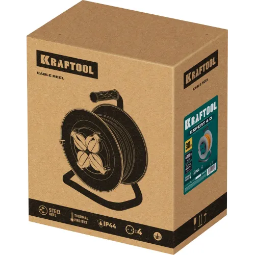 KRAFTOOL EXPERT 4.0, ПВС 3х2.5 30м 4000Вт IP44, силовой удлинитель на стальной катушке (55089-30)