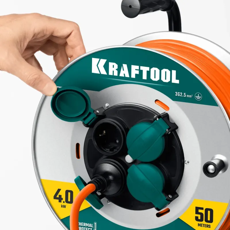 KRAFTOOL EXPERT 4.0, ПВС 3х2.5 50м 4000Вт IP44, силовой удлинитель на стальной катушке (55089-50)