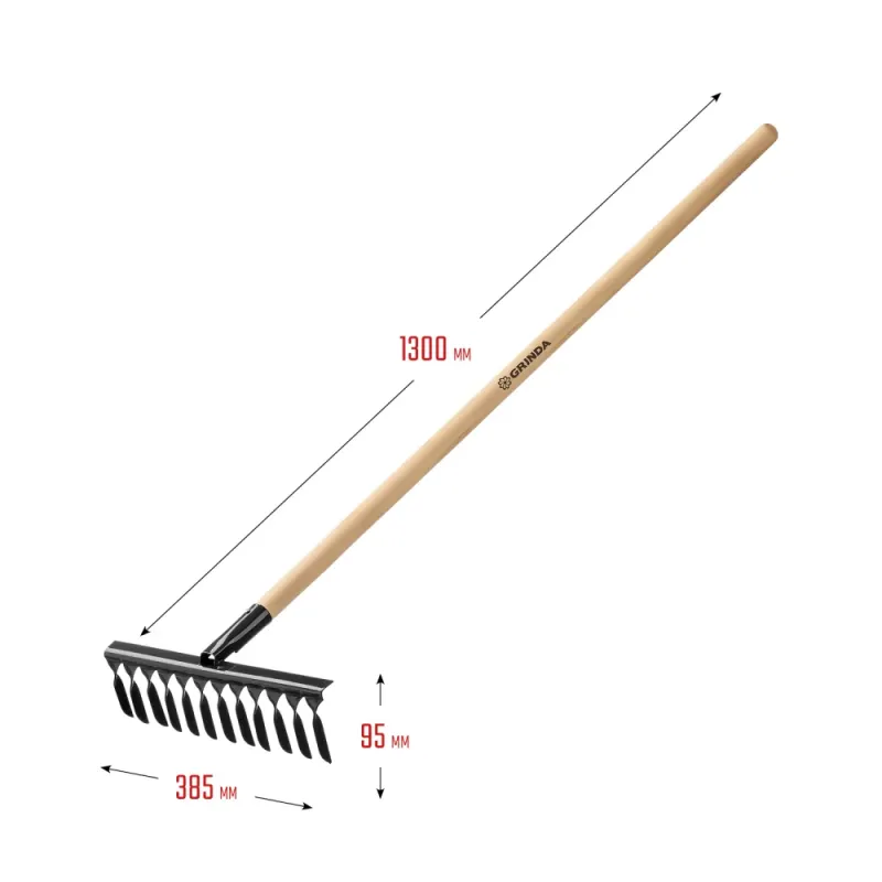GRINDA GS-12 WOOD, 385 х 95 х 1300 мм, 12 витых зубцов, углеродистая сталь, антикор. покрытие, черенок дерев. высш. сорт, садовые грабли(39581-12)