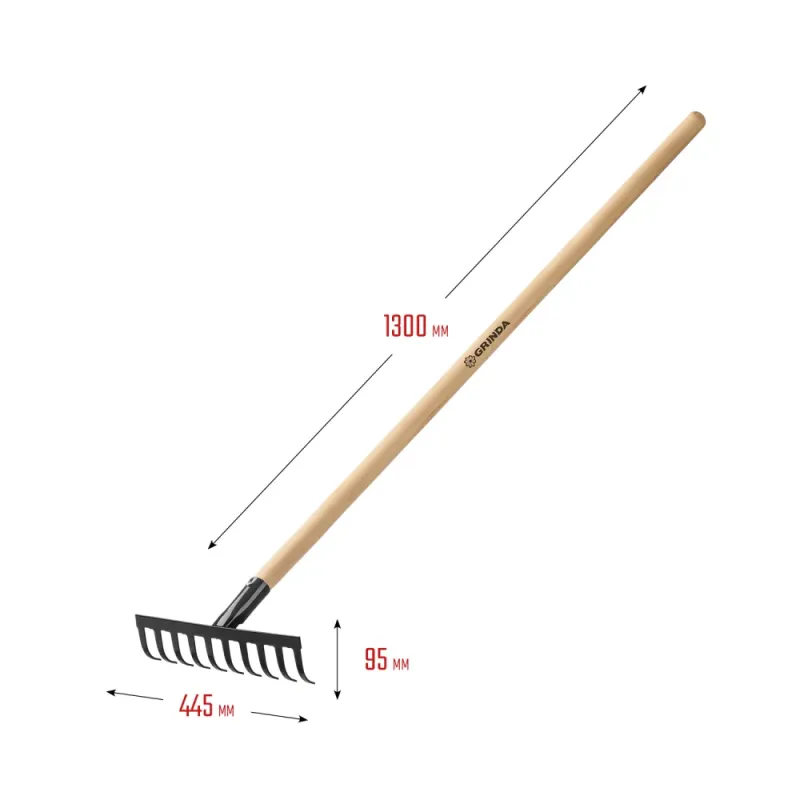 GRINDA GT-10 WOOD, 260 х 80 х 1300 мм, 10 прямых зубцов, углерод. сталь, антикор. покрытие, черенок дерев. высш. сорт, садовые грабли (39583-10)