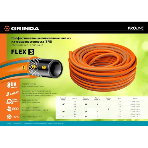 GRINDA FLEX 3, 1″, 25 м, 15 атм, из термоэластопласта, трёхслойный, армированный, гибкий, поливочный шланг, PROLine (429008-1-25)