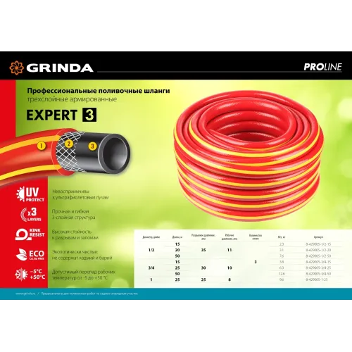 GRINDA EXPERT 3, 1/2″, 20 м, 35 атм, трёхслойный, армированный, поливочный шланг, PROLine (8-429005-1/2-20)