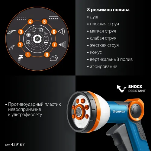 GRINDA Х-834, пистолет поливочный X-8, коннектор 3/4, конектор 3/4 с автостопом, адаптер с внутр. резьбой 1/2 х 3/4,набор поливочный PROLine (429167)