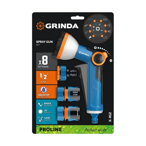 GRINDA Х-812, питолет поливочный X-8, коннектор 1/2, конектор 1/2 с автостопом, адаптер с внутр. резьбой 1/2 х 3/4, набор поливочный PROLine (429168)