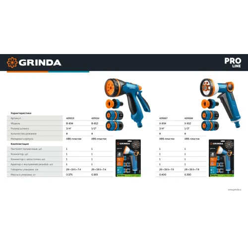 GRINDA Х-812, питолет поливочный X-8, коннектор 1/2, конектор 1/2 с автостопом, адаптер с внутр. резьбой 1/2 х 3/4, набор поливочный PROLine (429168)