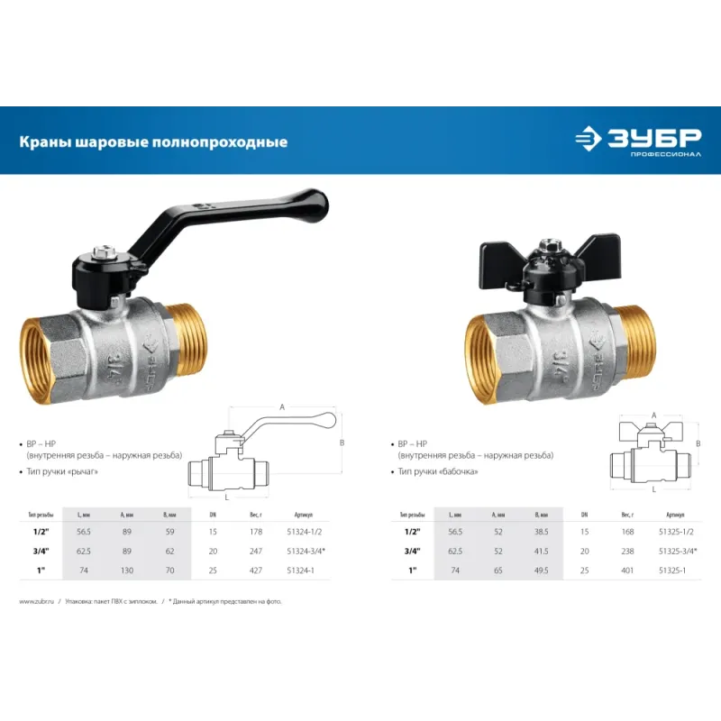ЗУБР d 3/4″, ручка-рычаг, шаровой кран (51324-3/4)