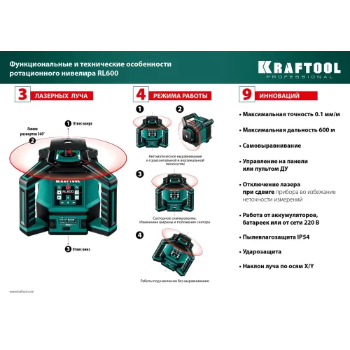 KRAFTOOL RL600, 600 м, ротационный лазерный нивелир (34600)