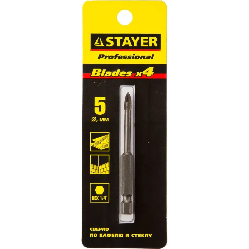 STAYER 5 мм, 4х кромка, HEX 1/4, Сверло по стеклу и кафелю (2985-05)