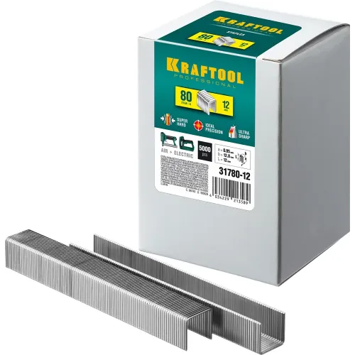 KRAFTOOL скобы тип 80 (BeA/Prebena A/Senco AT), 12 мм, калибр 21GA. 5000 шт (31780-12)