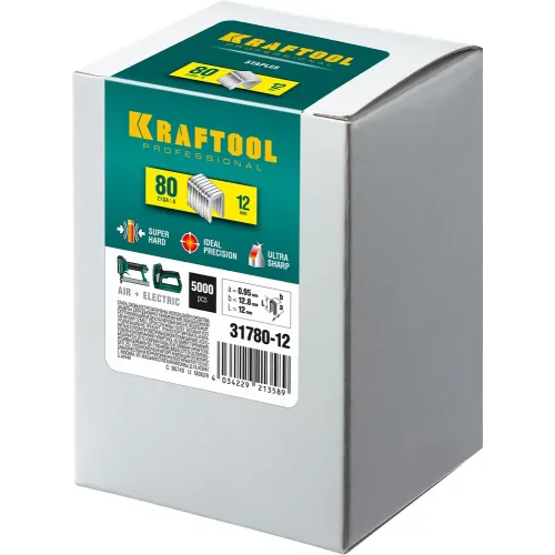 KRAFTOOL скобы тип 80 (BeA/Prebena A/Senco AT), 12 мм, калибр 21GA. 5000 шт (31780-12)