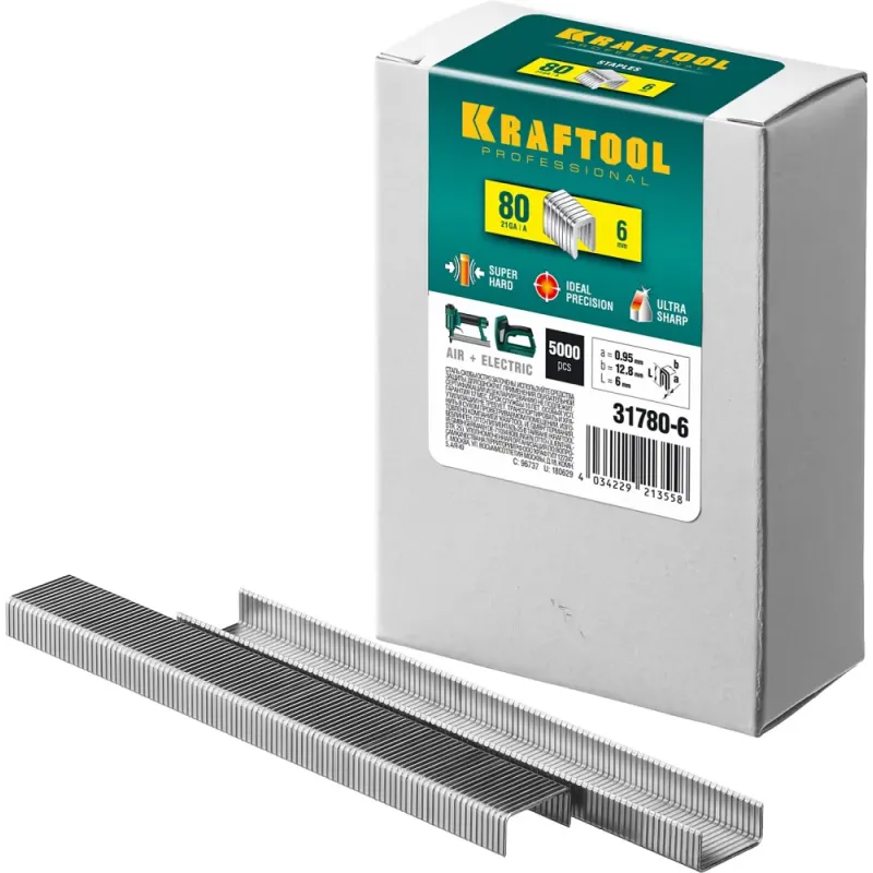 KRAFTOOL скобы тип 80 (BeA/Prebena A/Senco AT), 6 мм, калибр 21GA. 5000 шт (31780-6)