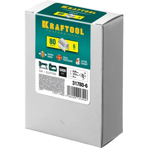 KRAFTOOL скобы тип 80 (BeA/Prebena A/Senco AT), 6 мм, калибр 21GA. 5000 шт (31780-6)