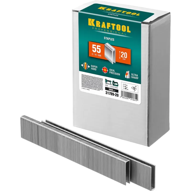 KRAFTOOL скобы тип 55 (90/C), 20 мм, калибр 18GA. 5000 шт (31789-20)