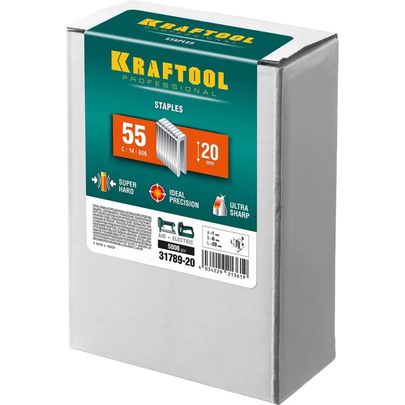 KRAFTOOL скобы тип 55 (90/C), 20 мм, калибр 18GA. 5000 шт (31789-20)