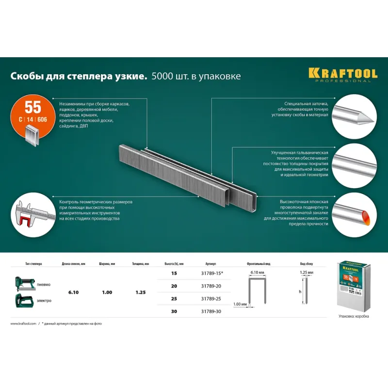 KRAFTOOL скобы тип 55 (90/C), 20 мм, калибр 18GA. 5000 шт (31789-20)