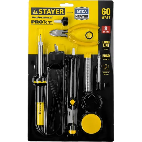 STAYER PROTerm, 60Вт, 2к рукоят, конус, подставка+припой+сменн жало+оловоотсос+сменн насадка+канифоль+кусачки, паял набор, Professional (55314-60-H8)