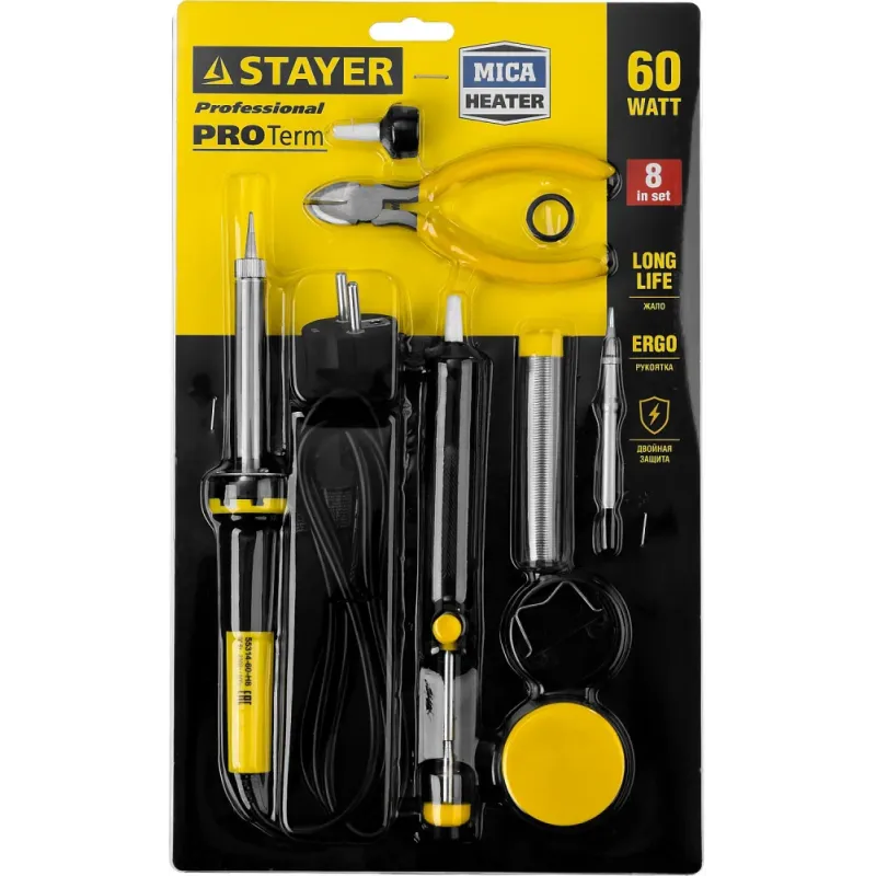 STAYER PROTerm, 60Вт, 2к рукоят, конус, подставка+припой+сменн жало+оловоотсос+сменн насадка+канифоль+кусачки, паял набор, Professional (55314-60-H8)