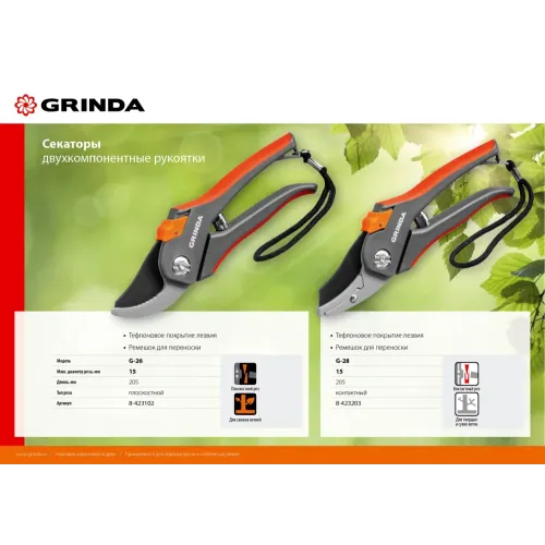 GRINDA G-26, 205 мм, углеродистая сталь, закаленные лезвия, тефлоновое покрыт., двухкомпонентные пластиковые рукоятки, плоскостной секатор (8-423102)