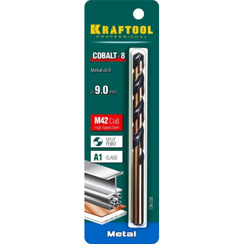 KRAFTOOL COBALT-8, 9.0 х 125 мм, сталь М42, HSS-Co(8%), сверло по металлу (29656-9)