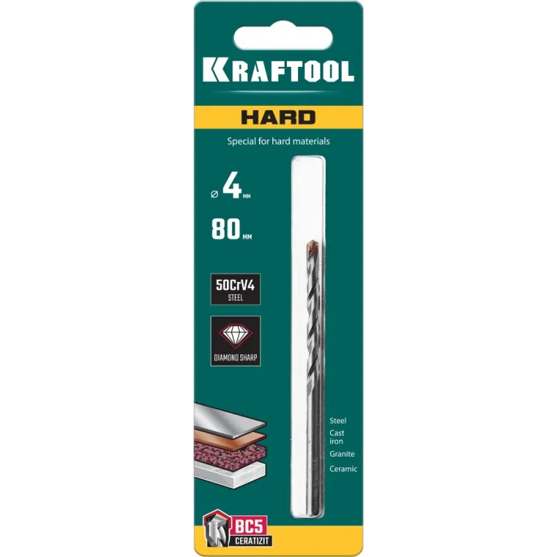 KRAFTOOL Hard, 4 х 80 мм, тв.сплав ВС5, сверло специальное по твёрдым материалам (29177-080-4)