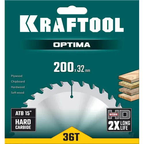 KRAFTOOL Optima, 200 х 32 мм, 36Т, пильный диск по дереву (36951-200-32)
