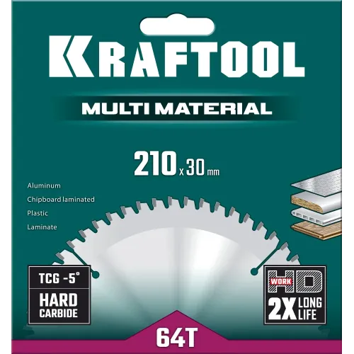 KRAFTOOL Multi Material, 210 х 30 мм, 64Т, пильный диск по алюминию (36953-210-30)
