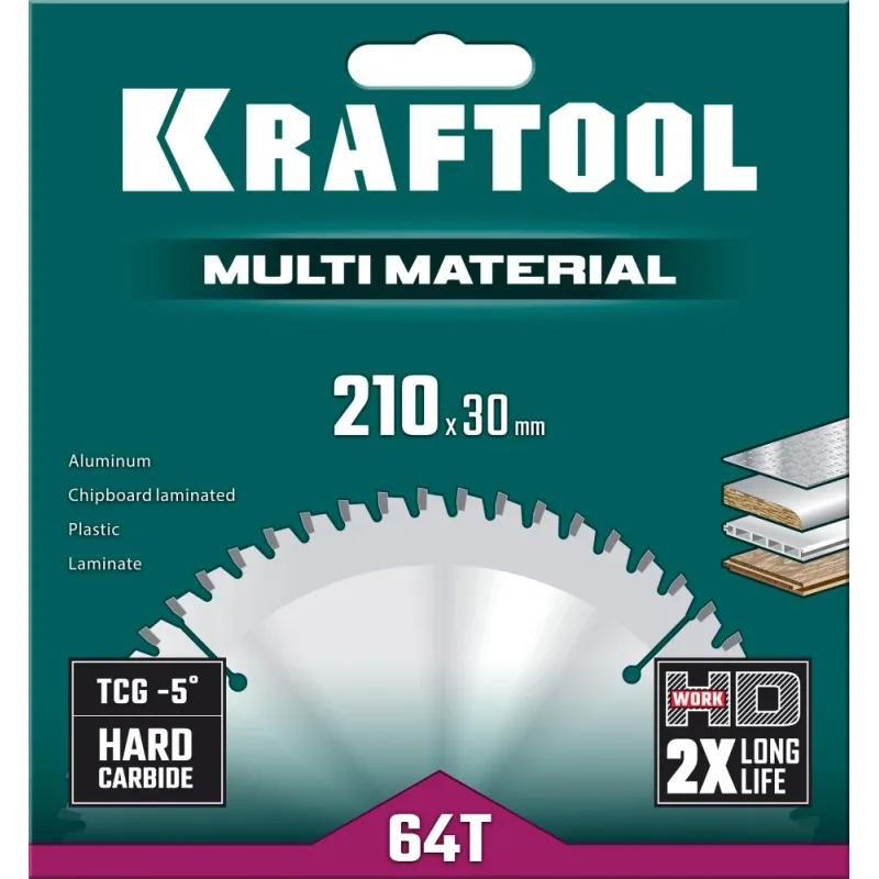 KRAFTOOL Multi Material, 210 х 30 мм, 64Т, пильный диск по алюминию (36953-210-30)
