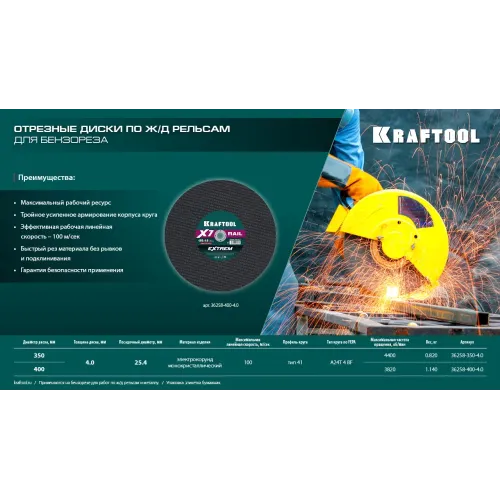 KRAFTOOL X7-EXTREM RAIL 400x4.0 / 25.4 мм по Ж/Д рельсам отрезной диск для бензореза (36258-400-4.0)