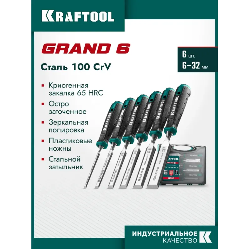 KRAFTOOL GRAND-6 набор стамесок-долот с двухкомпонентной рукояткой, 6 шт