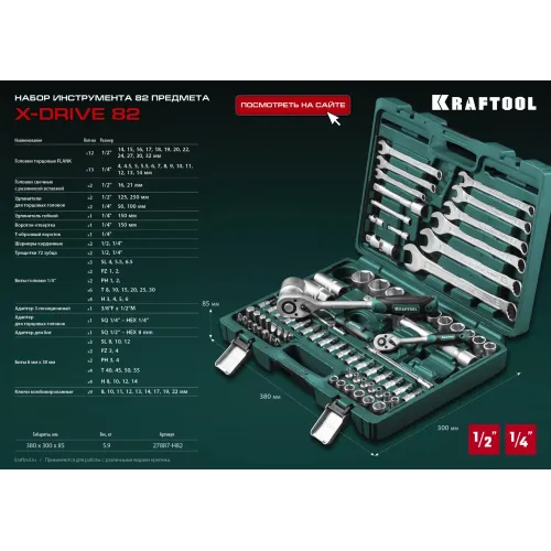 KRAFTOOL X-Drive 82, 82 предм., (1/2″+1/4″), универсальный набор инструмента (27887-H82)